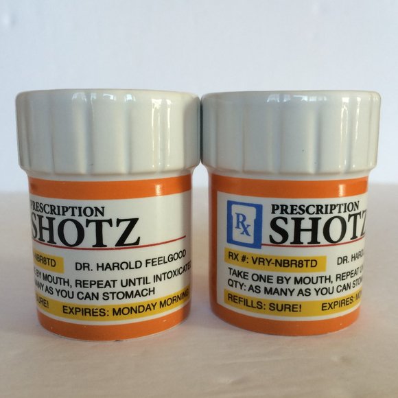 Prescription Pill Bottle Shaped Shot Glass X 2 Orange Ceramic Big Mouth Toys - Picture 1 of 11